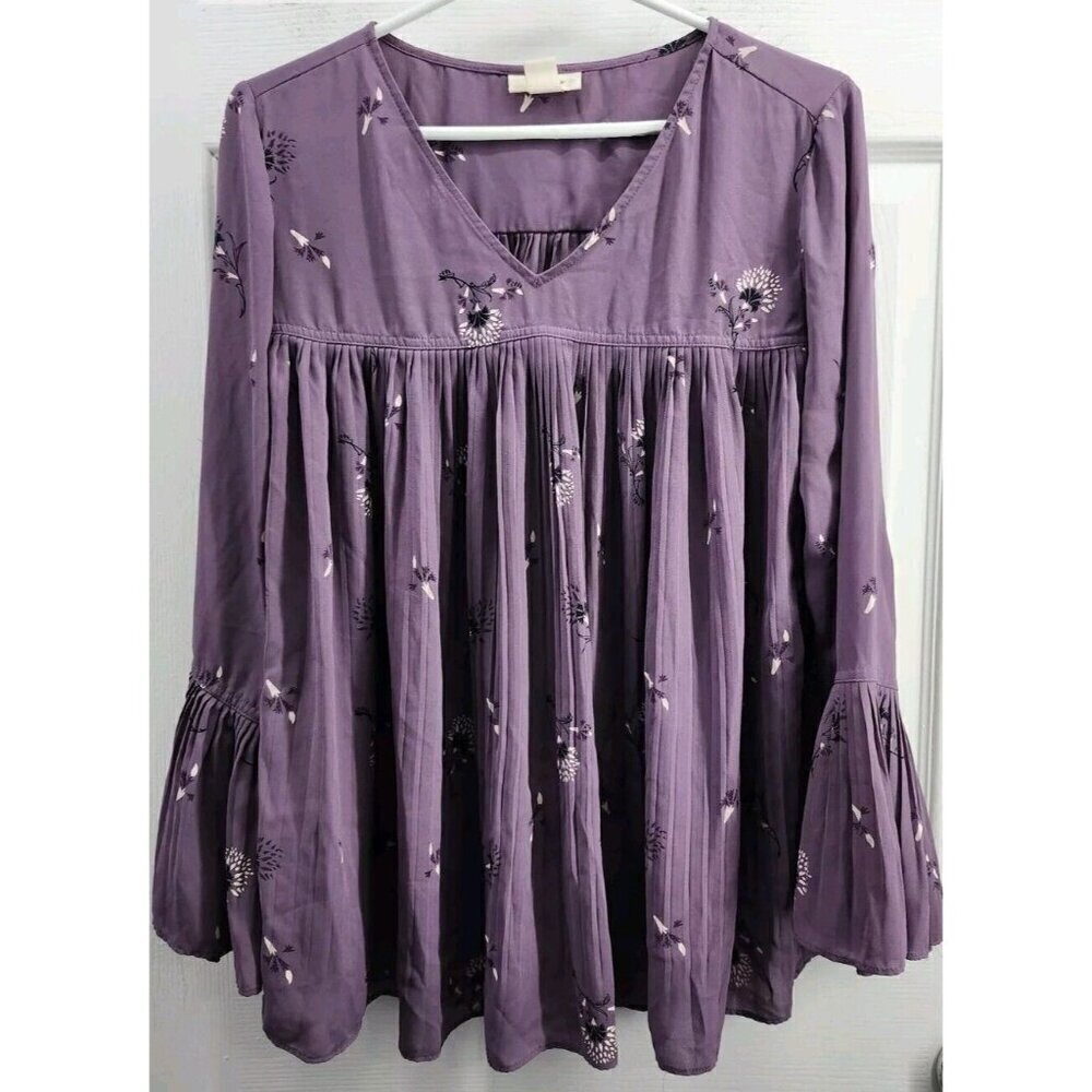 Style & Co Purple Pleated V-neck Blouse Bell Sleeve Medium